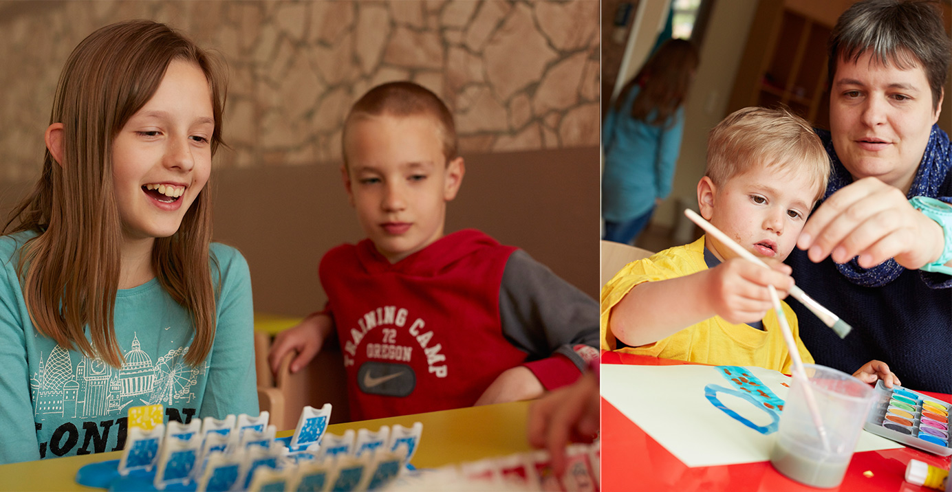 Learning and playing together: Laura and Jeremy (top), volunteer